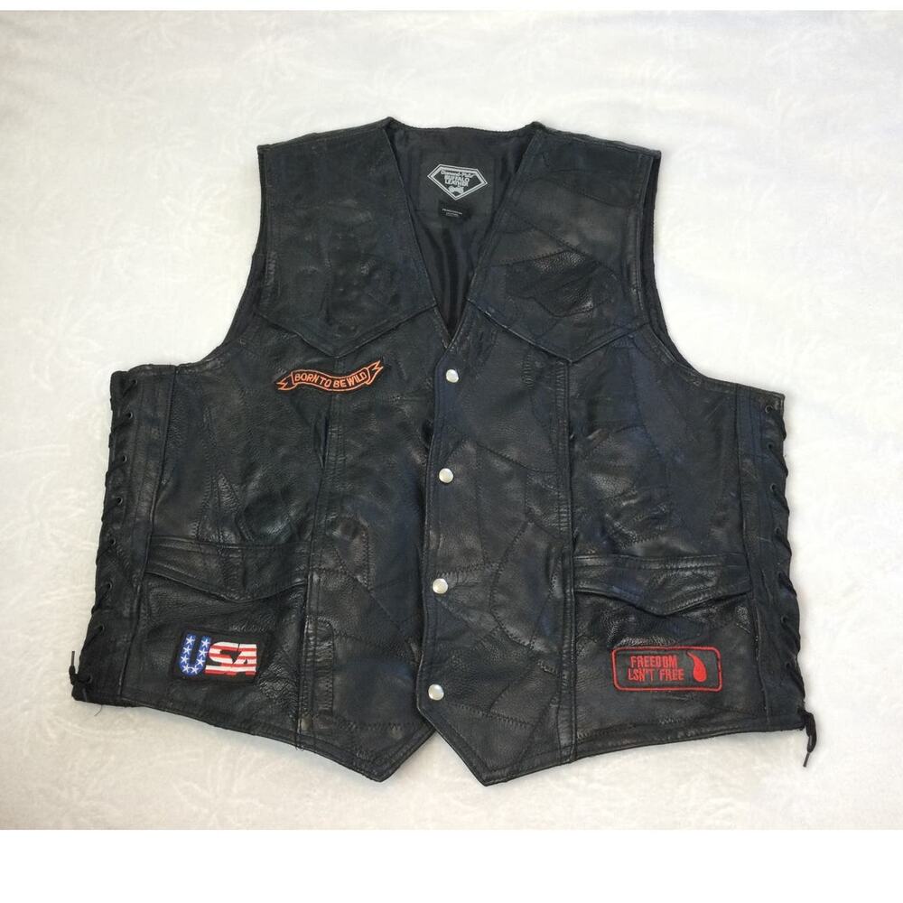 Diamond Plate Buffalo Leather Leather Vest with patches Mens 3XL